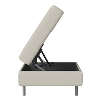 "Light beige storage ottoman with a textured fabric cover and sleek metal legs, featuring a lifting top design."