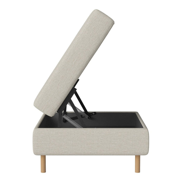 Light gray upholstered ottoman with a minimalist design and natural wood legs, showcasing a clean and modern aesthetic.