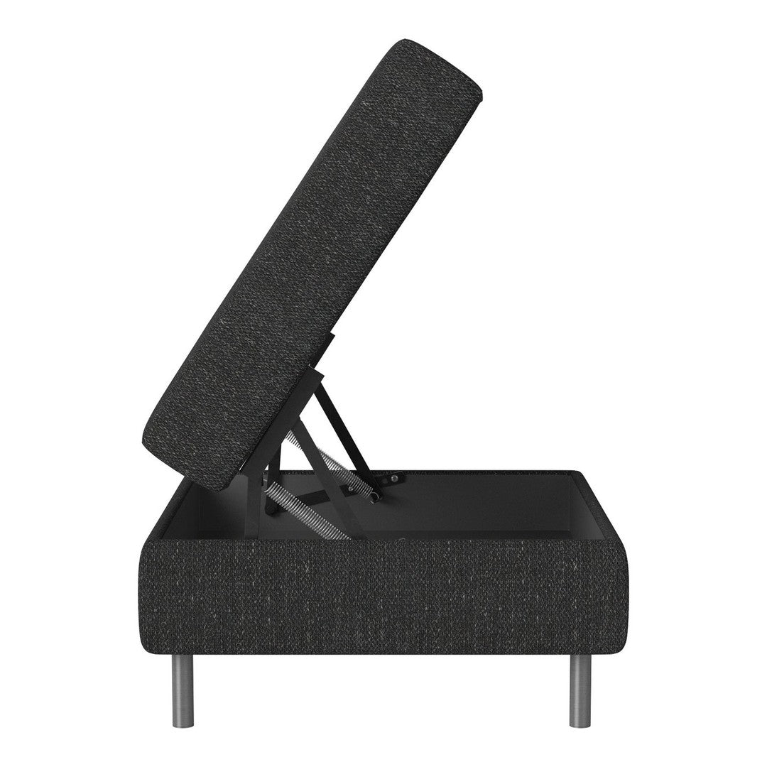 Stylish black bed frame with a textured fabric and sleek silver legs, featuring a lift-top storage design.
