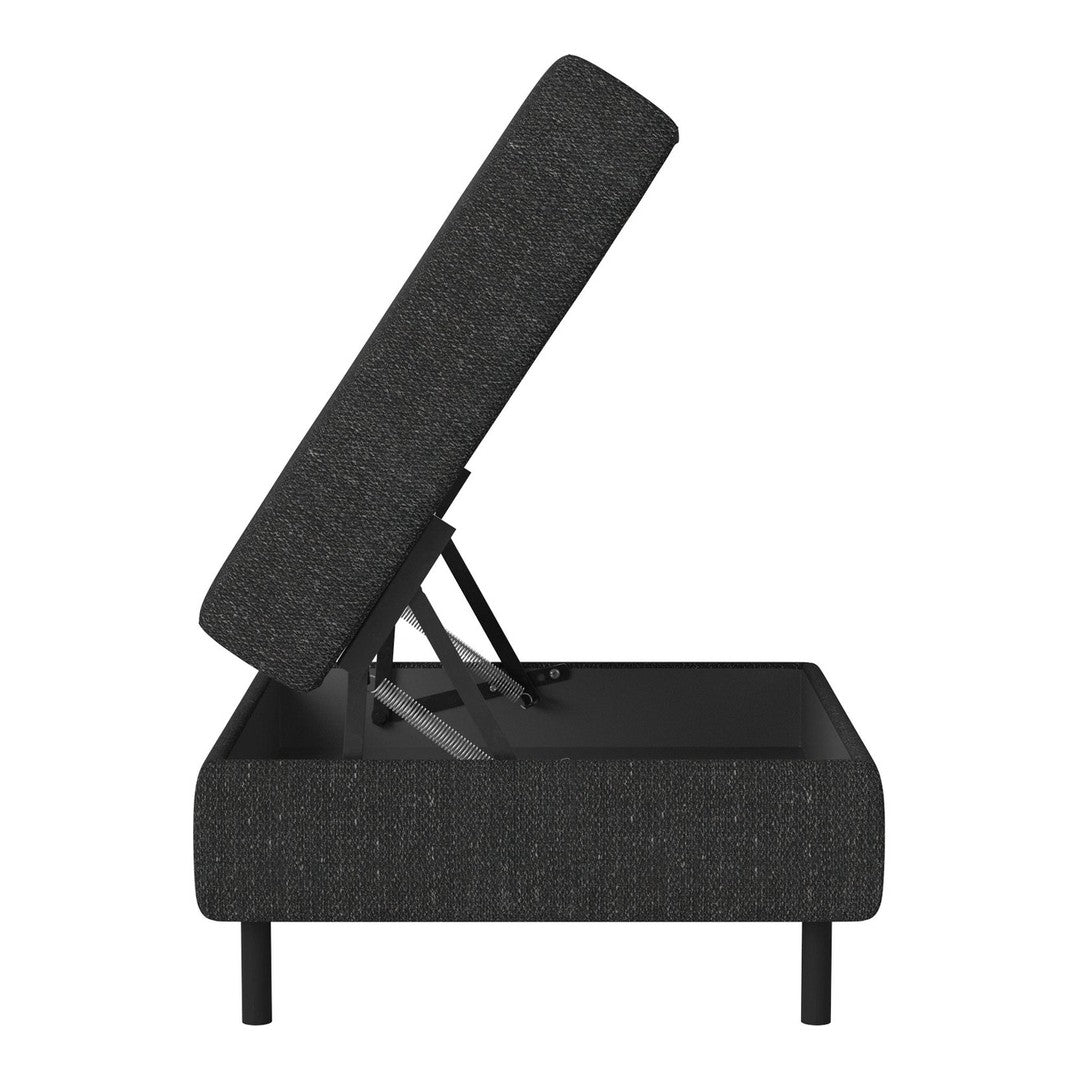 Dark gray upholstered storage bed with a textured fabric and modern minimalist design, featuring a sturdy black frame.