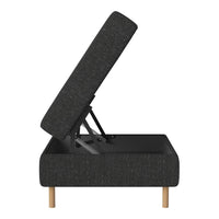 Black fabric storage ottoman with a textured pattern, wooden legs, and a hinged top for easy access.