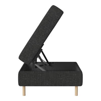 Black upholstered storage ottoman with a textured pattern and wooden legs, showcasing a modern design.
