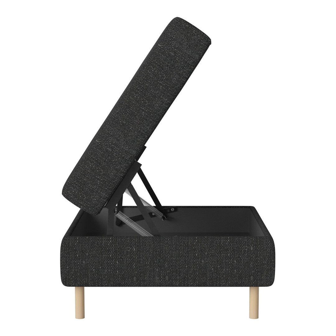 Stylish black ottoman with a textured fabric and wooden legs, featuring a lift-top design for hidden storage.
