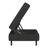 Black upholstered storage bed with a textured fabric pattern and sleek, modern design.