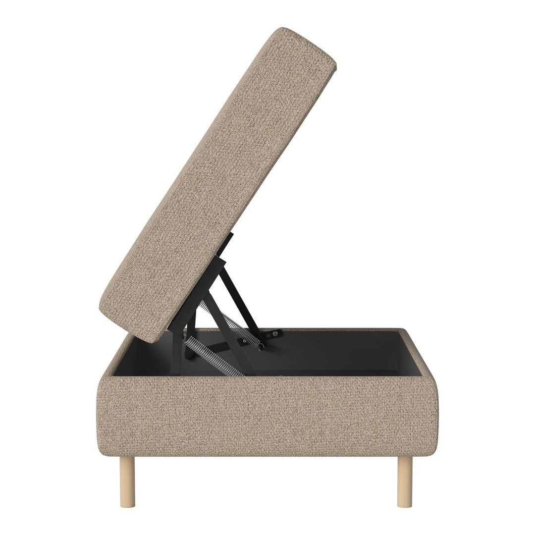 Beige upholstered storage bed with a minimalist design and natural wood legs, featuring a simple, modern aesthetic.