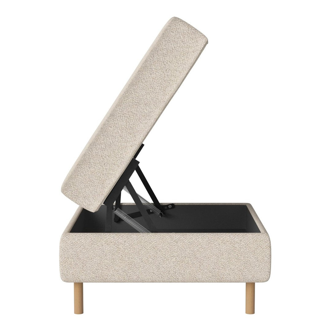 Light beige textured upholstery with natural wooden legs, featuring a modern lift-top design.