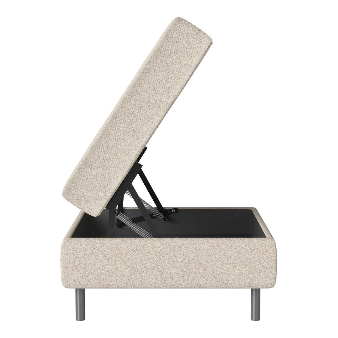 Beige fabric storage ottoman with a textured finish, featuring a sleek design and minimalist black legs.