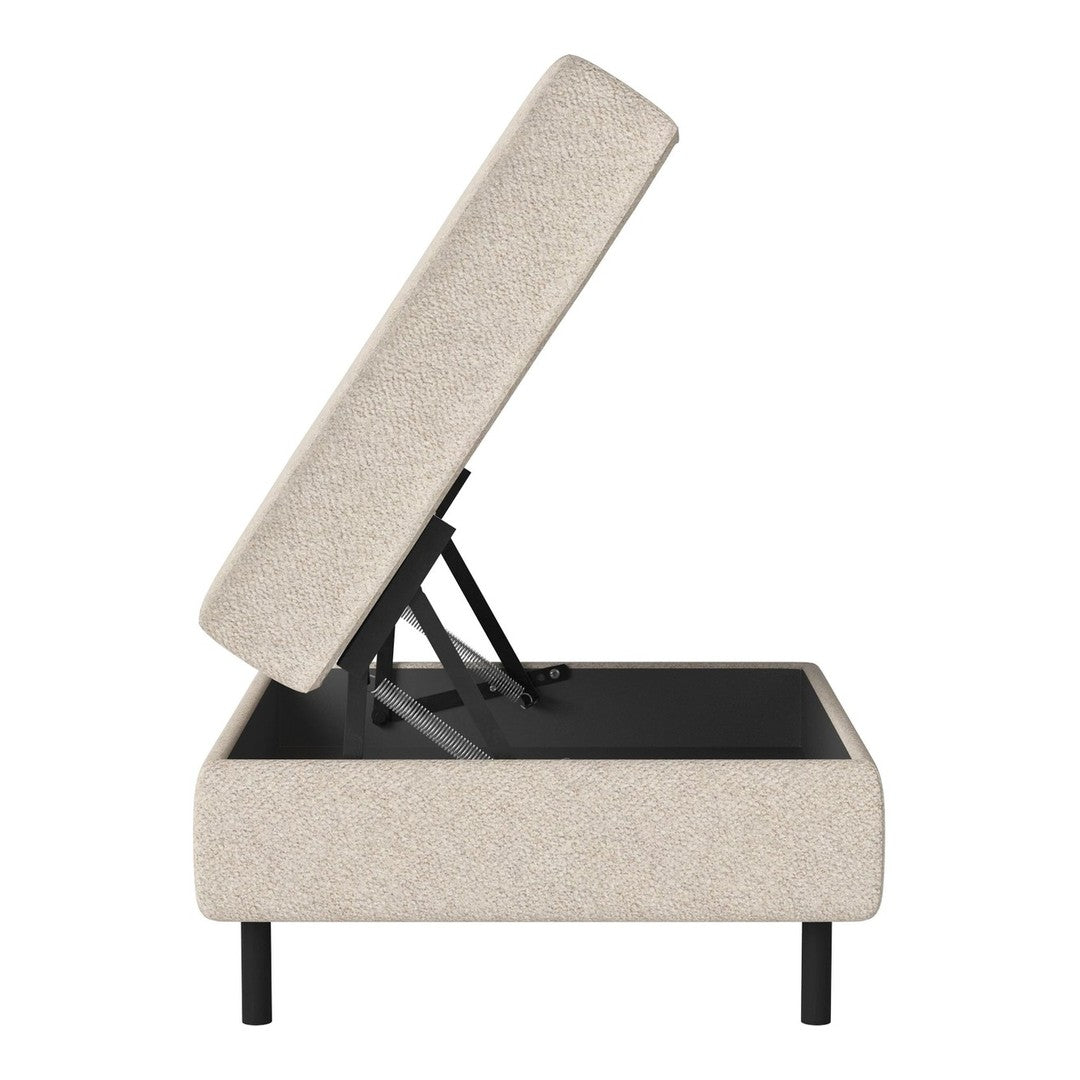 Beige upholstered storage bed with a textured fabric and sleek black legs, featuring a modern design.