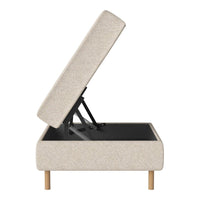 Beige upholstered storage bed with a sleek, textured pattern and light wooden legs, featuring an open, lifting top.
