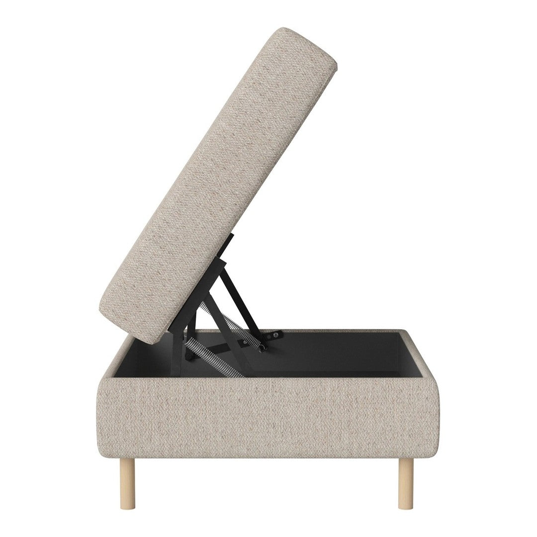 Beige upholstered storage ottoman with a light wooden base and simple, clean lines. Ideal for modern decor.