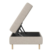 Beige upholstered storage ottoman with a light wooden base and simple, clean lines. Ideal for modern decor.