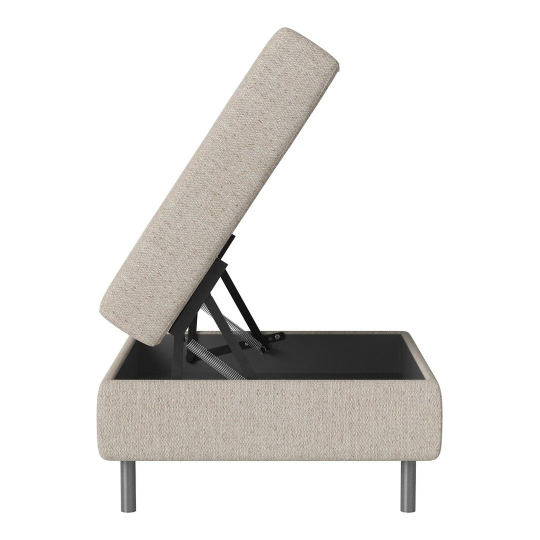 Beige upholstered storage ottoman with a textured fabric and sleek black metal legs. Modern and versatile design.