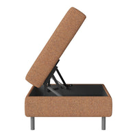 Brown upholstered storage ottoman with a textured finish and black metal legs, featuring a hinged top design.
