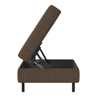 Brown upholstered storage ottoman with a sleek, minimalist design and a subtle textured pattern.