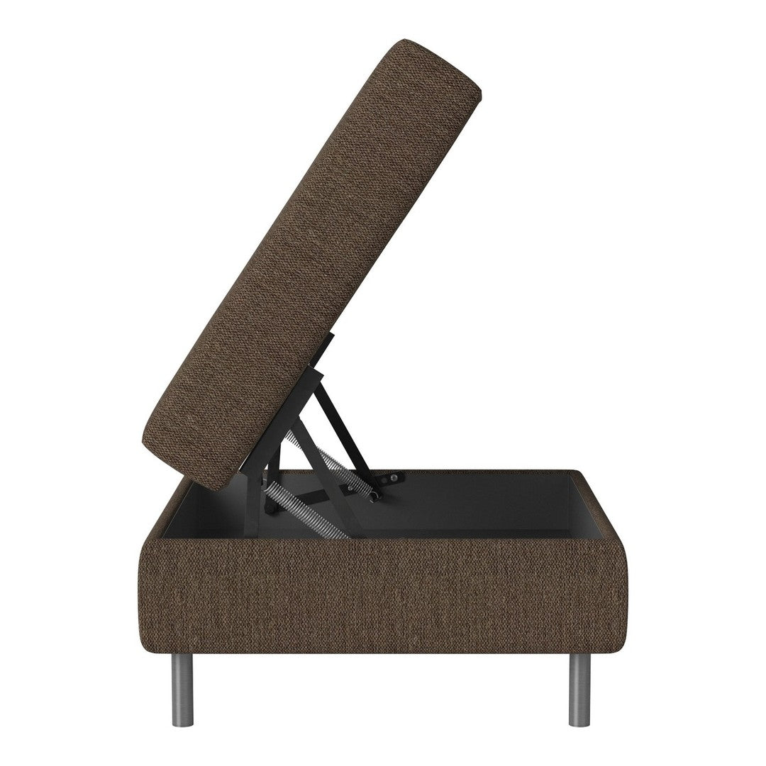 Brown upholstered storage ottoman with a textured fabric and sleek metal legs, featuring a lift-up top design.