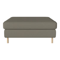 Gray fabric ottoman with a textured pattern and natural wooden legs, ideal for modern decor.