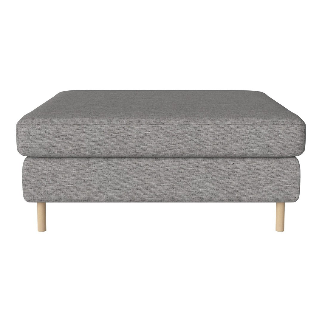 Gray upholstered ottoman with a clean, minimalist design and natural wood legs, perfect for modern decor.