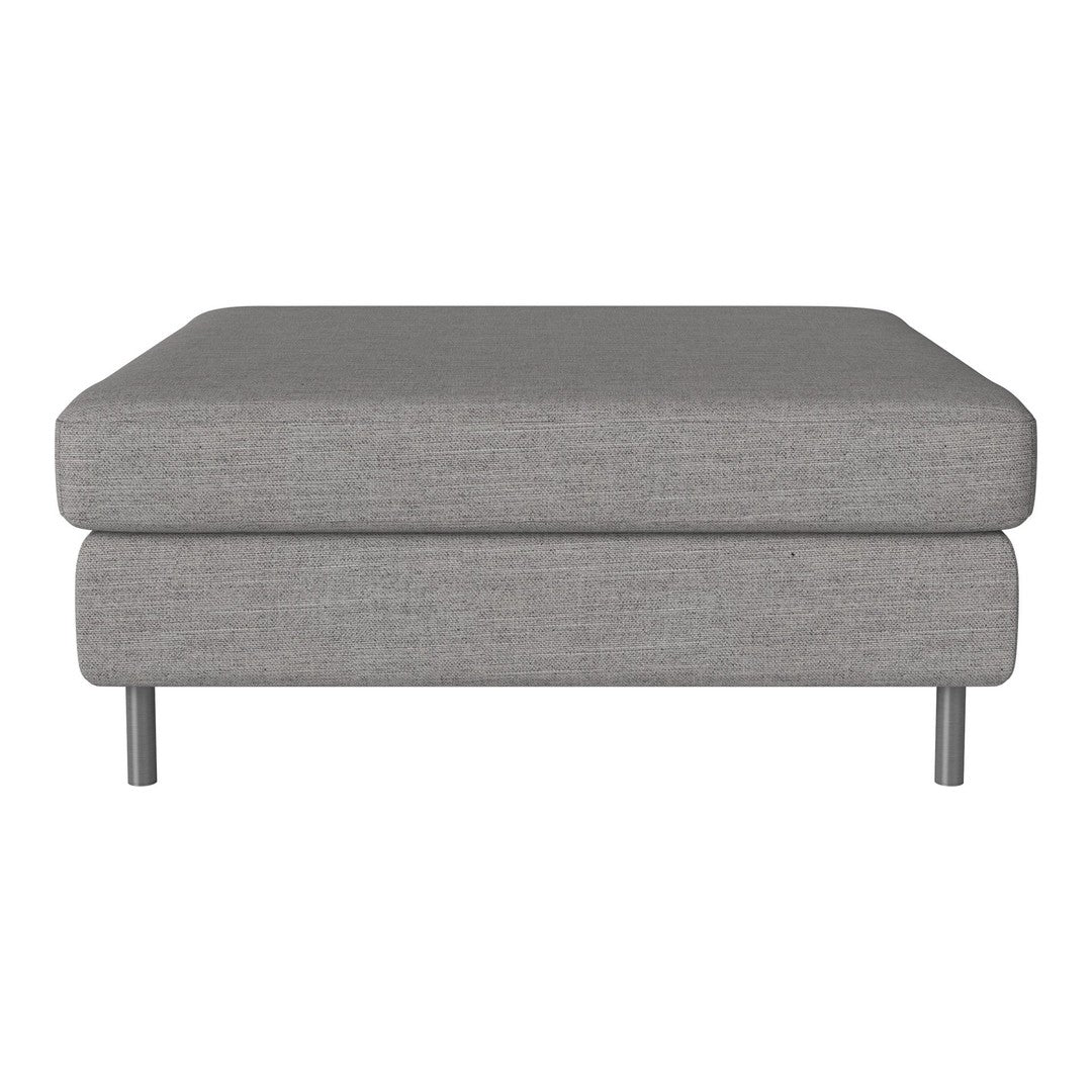 Gray fabric ottoman with a smooth, minimalist design and subtle texture, sleek metal legs.