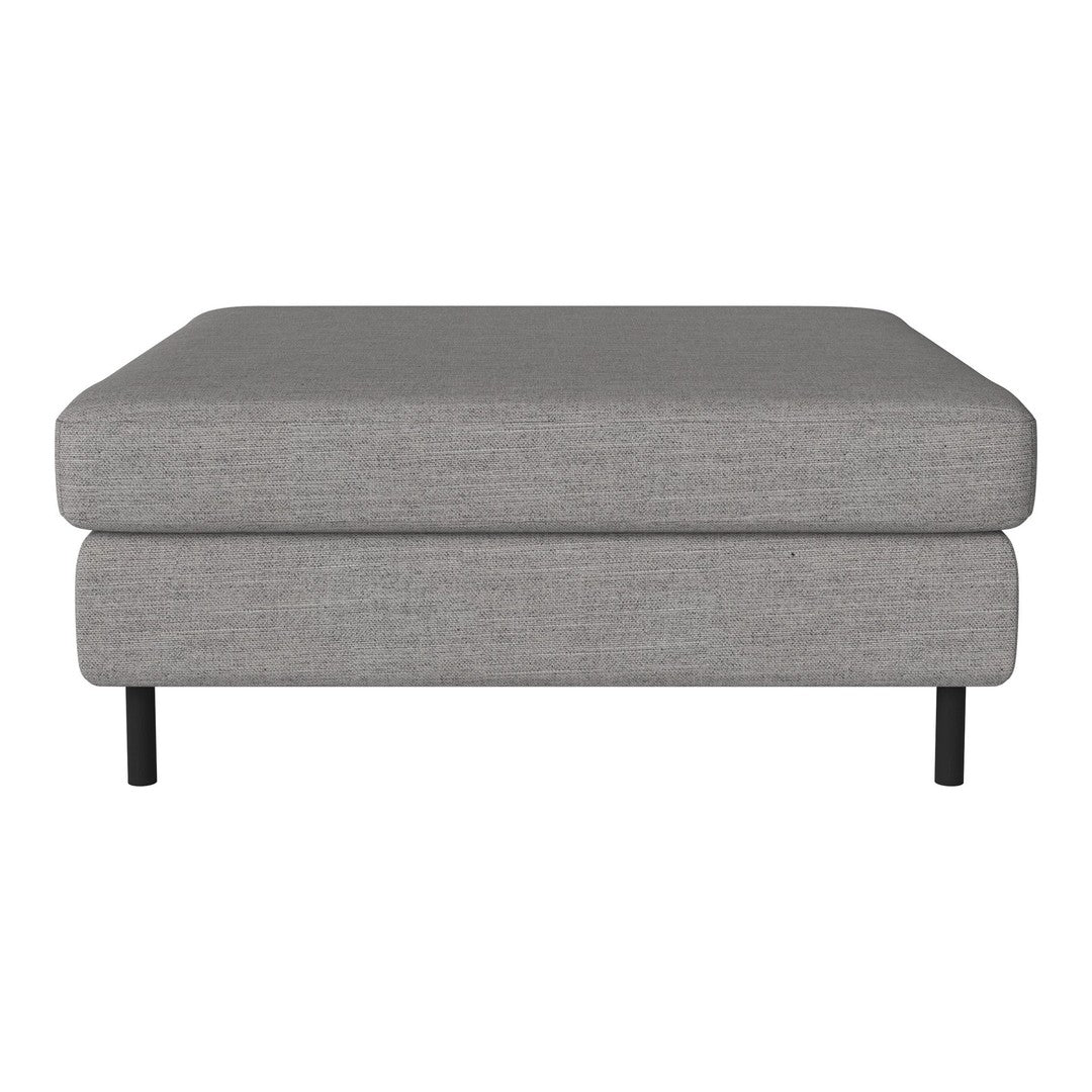 Gray upholstered ottoman with a sleek, minimalist design and black metal legs. Perfect for modern decor.