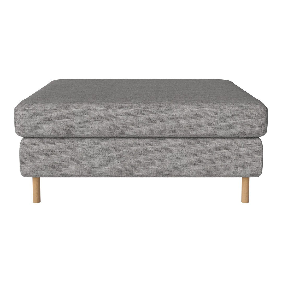 Gray upholstered ottoman with a clean, minimalist design and natural wood legs, perfect for modern interiors.