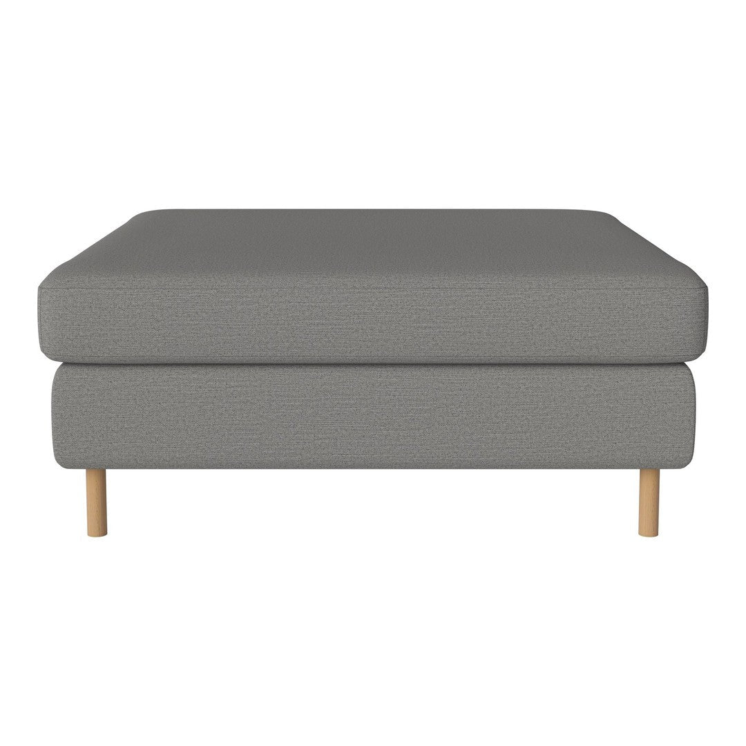 Gray upholstered ottoman with a textured pattern and natural wood legs, perfect for modern decor.