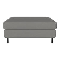 Gray upholstered ottoman with subtle texture and black metal legs, perfect for modern decor.