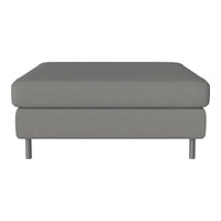 Gray upholstered ottoman with a textured pattern and sleek metal legs, perfect for modern living spaces.