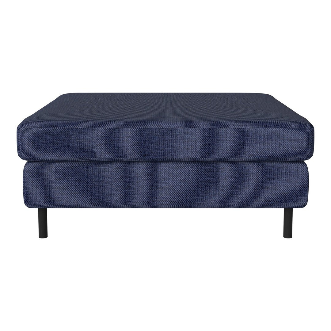 Navy blue ottoman with textured fabric and sleek black legs, offering a modern and stylish addition to any space.