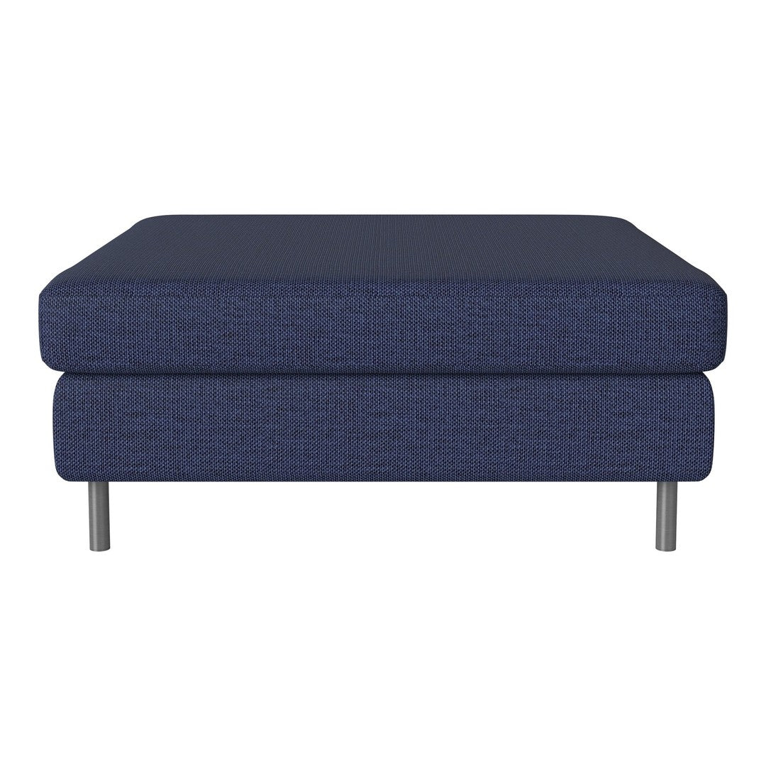 Navy blue upholstered ottoman with a textured pattern and sleek metal legs. Ideal for modern decor.