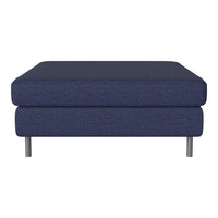 Navy blue upholstered ottoman with a textured pattern and sleek metal legs. Ideal for modern decor.