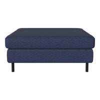Navy blue upholstered ottoman with textured pattern and black metal legs, perfect for modern living spaces.