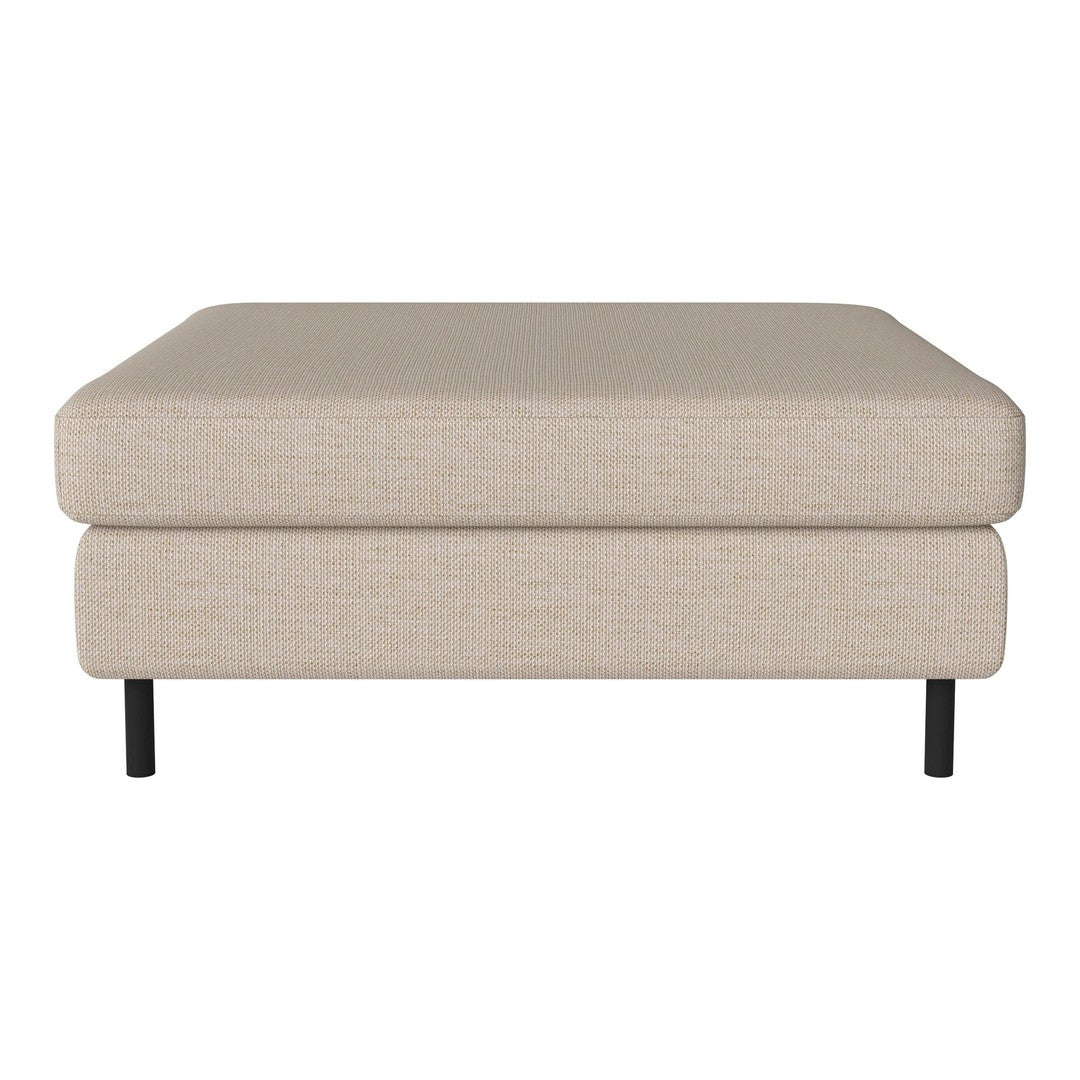 Beige upholstered ottoman with a smooth texture and sleek black legs, perfect for modern decor.