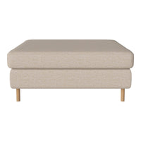 Beige upholstered ottoman with a minimalist design and natural wood legs, perfect for modern interiors.