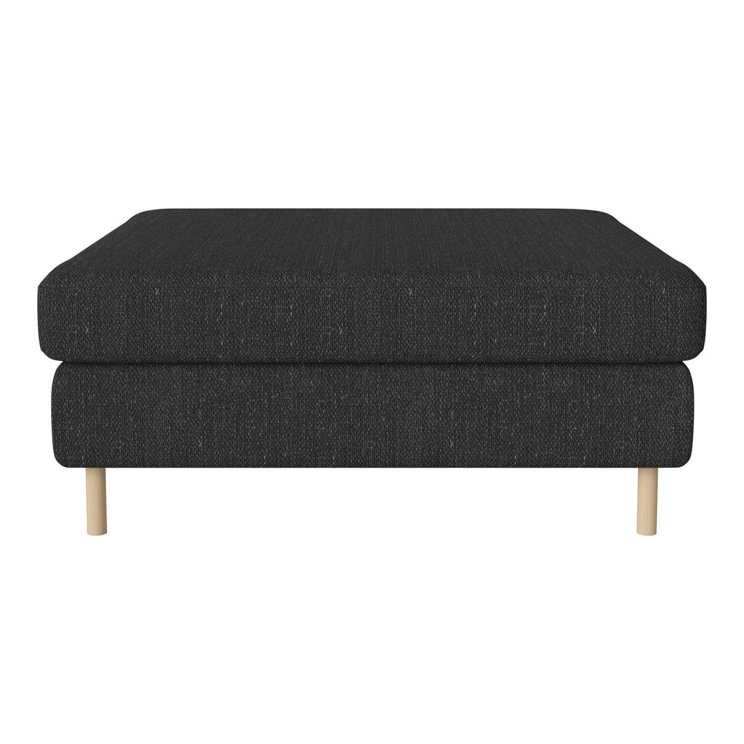 Dark gray upholstered ottoman with a textured pattern and wooden legs.