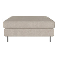 Beige upholstered ottoman with a textured fabric and modern metal legs. Minimalist design for versatile decor.