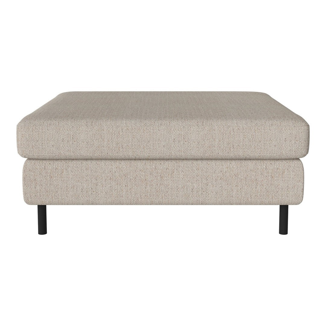 Light beige upholstered ottoman with a textured pattern and sleek black legs. Perfect for modern decor.