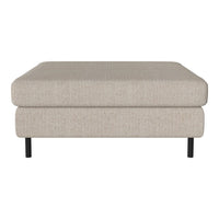 Light beige upholstered ottoman with a textured pattern and sleek black legs. Perfect for modern decor.