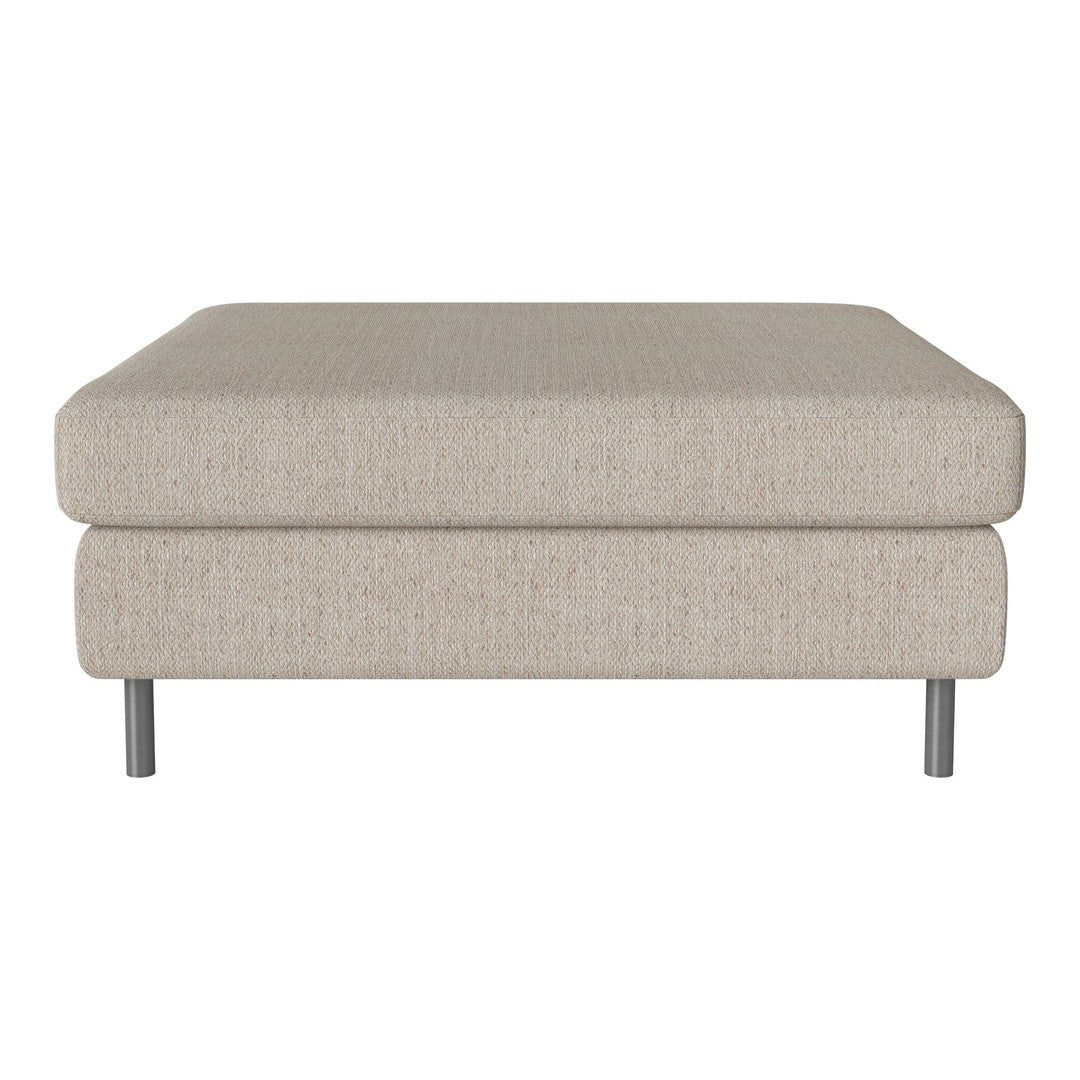 Light beige square ottoman with a textured fabric and sleek metal legs, perfect for any modern decor.