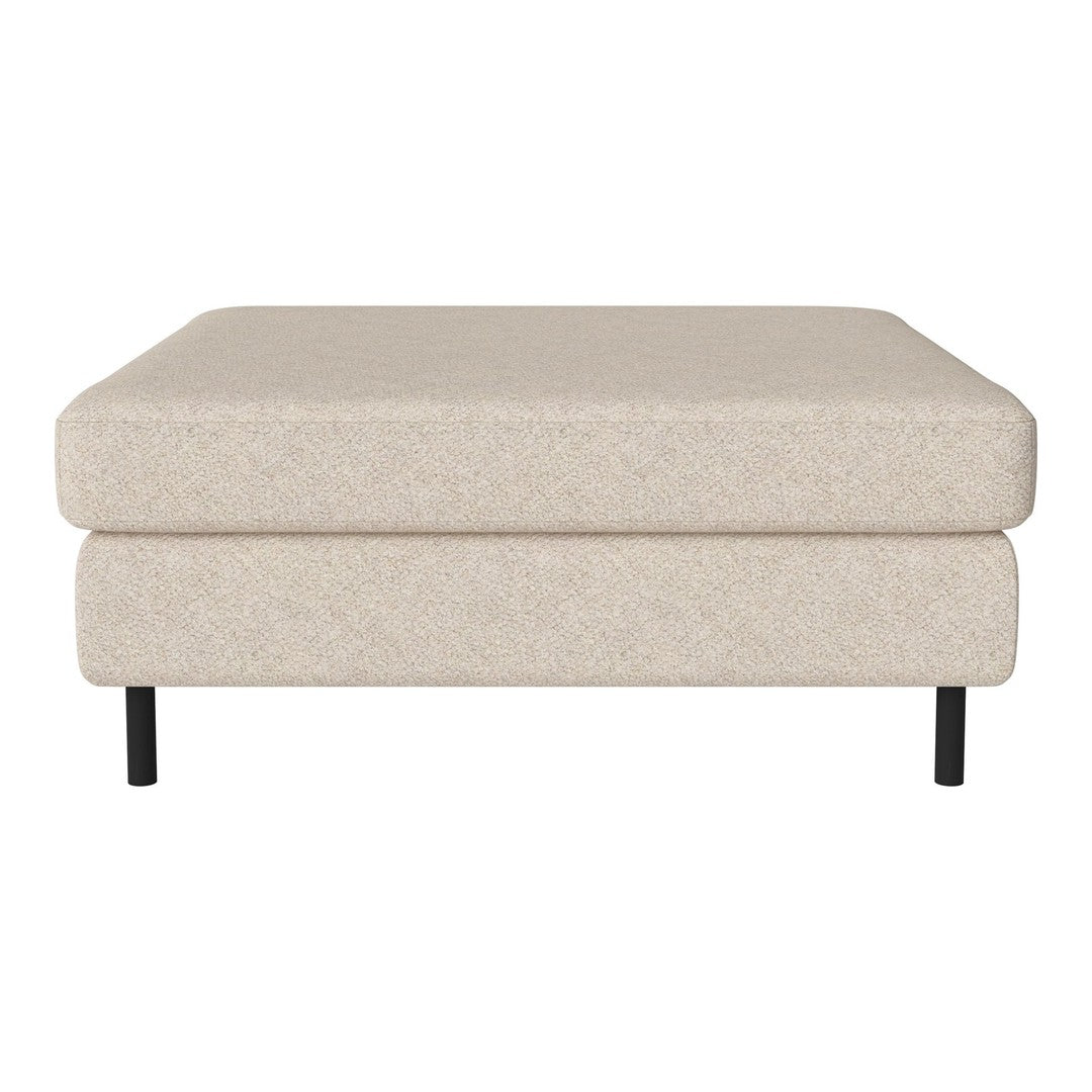 Beige upholstered ottoman with a textured pattern and sleek black legs. Perfect for modern home decor.