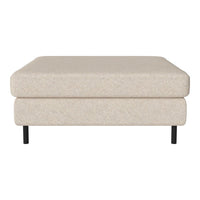 Beige upholstered ottoman with a textured pattern and sleek black legs. Perfect for modern home decor.