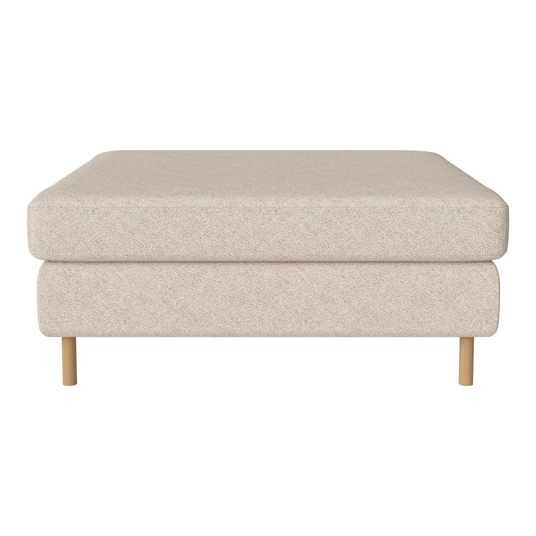 Beige textured ottoman with light wooden legs. Simple, modern design perfect for any decor.