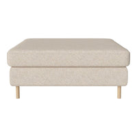 Beige upholstered ottoman with a textured pattern and natural wood legs, perfect for any modern living space.