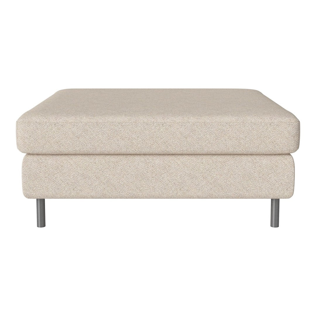 Beige upholstered ottoman with a textured pattern and sleek metal legs. Ideal for modern interiors.