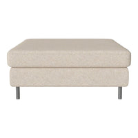 Beige upholstered ottoman with a textured pattern and sleek metal legs. Ideal for modern interiors.