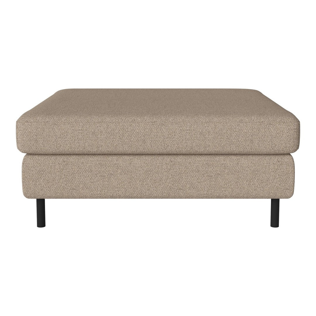Beige upholstered ottoman with a solid, textured pattern and sleek black legs. Perfect for modern decor.