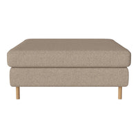 Beige upholstered ottoman with a smooth texture and clean lines, featuring light wooden legs.