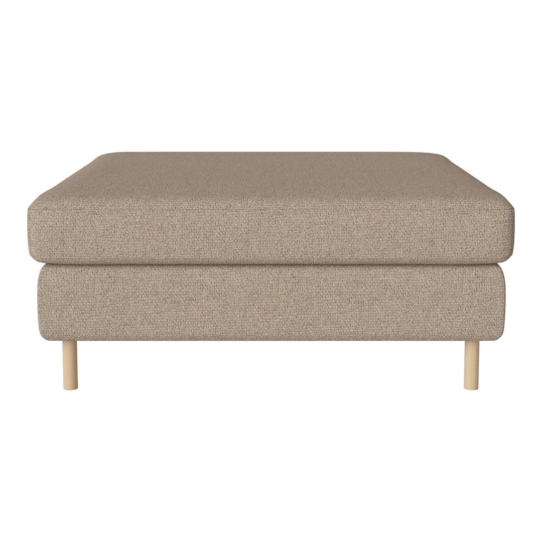 Beige upholstered ottoman with a smooth texture and light wooden legs, perfect for modern decor.
