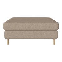 Beige upholstered ottoman with a smooth texture and light wooden legs, perfect for modern decor.