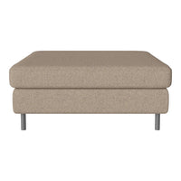 Beige upholstered ottoman with a smooth texture and minimalist design, featuring sleek metallic legs.