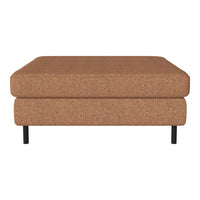 Brown upholstered ottoman with a textured finish and black metal legs, featuring a minimalist design.